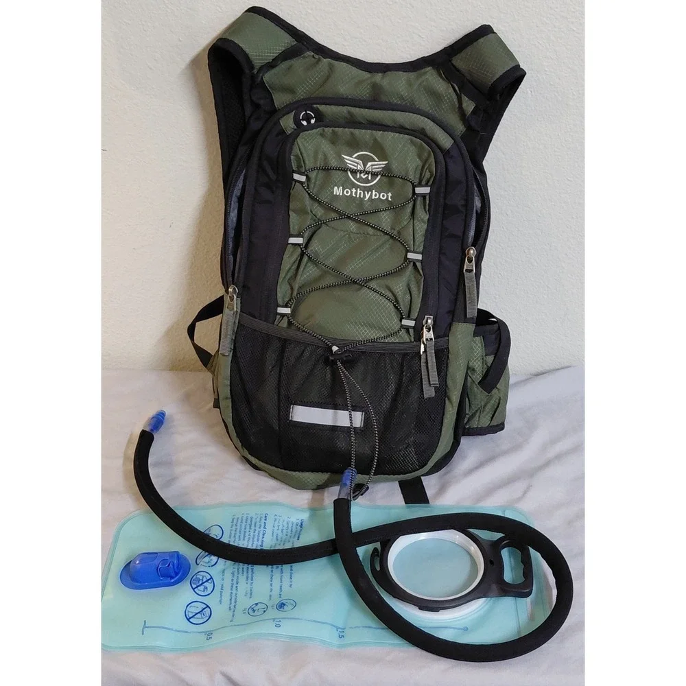 Mothybot Hydration Backpack Green Black Hiking Cycling Pack w/ 2L Water Bladder